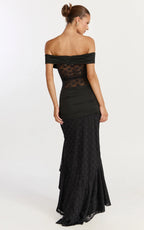 Kaia Maxi Dress - Off Shoulder Long Sleeve Ruffle Hem Lace Dress in Black