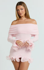 Estelle Mini Dress - Off Shoulder Long Sleeve Frilled Hem Fitted Dress in Baby Pink
