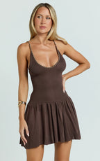 Shailene Mini Dress - Chain Strap V Neck Knitted Dress in Chocolate