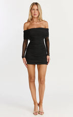 Clyde Mini Dress - Mesh Off Shoulder Ruched Bodycon Dress in Black