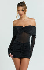 Rumi Mini Dress - Glitter Tulle Off Shoulder Ruched Dress in Black