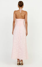 Seraphina Midi Dress - Gathered Bodice Halter Clipped Jacquard Dress in Pink