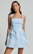 Kyra Mini Dress - Square Neck Open Back Jacquard Mini Dress in Light Blue