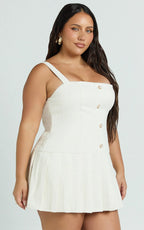 Calissa Mini Dress - Boucle Square Neck Drop Waist Pleated Dress in Cream