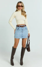 Natalie Top - Long Sleeve Roll Neck Knitted Top in Cream
