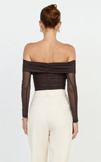 Opal Bodysuit - Long Sleeve Wrapped Off Shoulder Bodysuit in Chocolate
