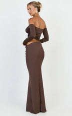 Tallulah Maxi Dress - Off Shoulder Long Sleeve Side Ruched Cut Out Dress in Chocolate
