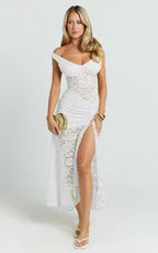 Tatum Midi Dress - Lace Off Shoulder Side Split Dress in Off White