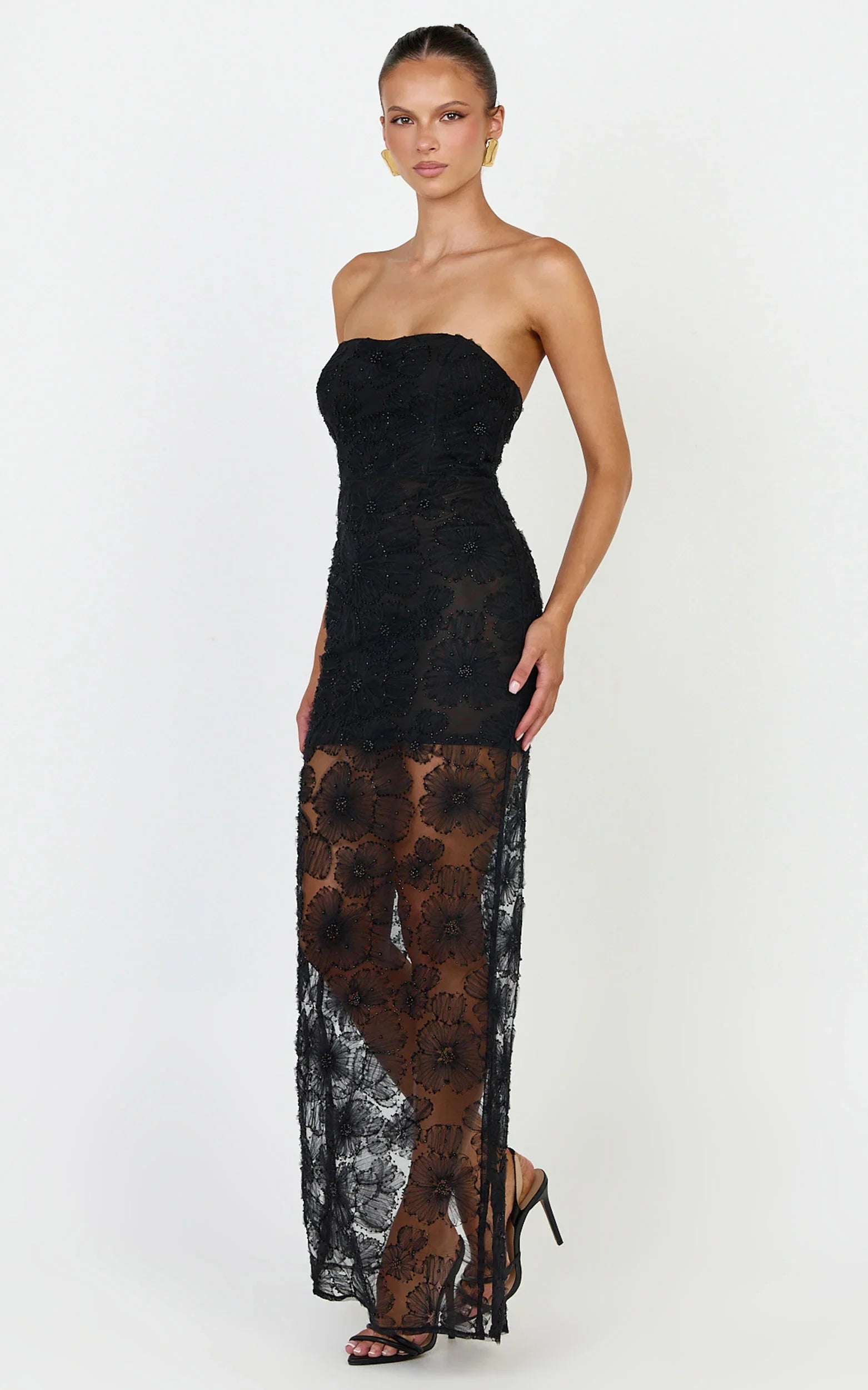 Lima Maxi Dress - Strapless Floral Embellished Column Dress in Black