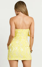 Amalie The Label - Frederika Strapless Ruffle Detail Jacquard Mini Dress - In Yellow