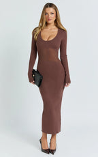 Odessa Midi Dress - U Neck Long Fitted Sleeve Sheer Waist Fitted Knit Dress in Chocolate