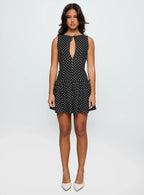 Alissea Keyhole Linen Blend Mini Dress Black Polka