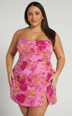 Brailey Mini Dress - Strapless Dress in Pink Jacquard
