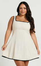Antoni Mini Dress - Linen Ruched Back Square Neck Fit and Flare Dress in Natural