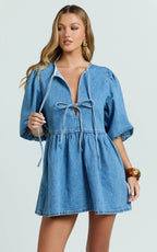Shailene Mini Dress - Tie Front Puff Sleeve Recycled Denim Dress in Mid Blue Wash