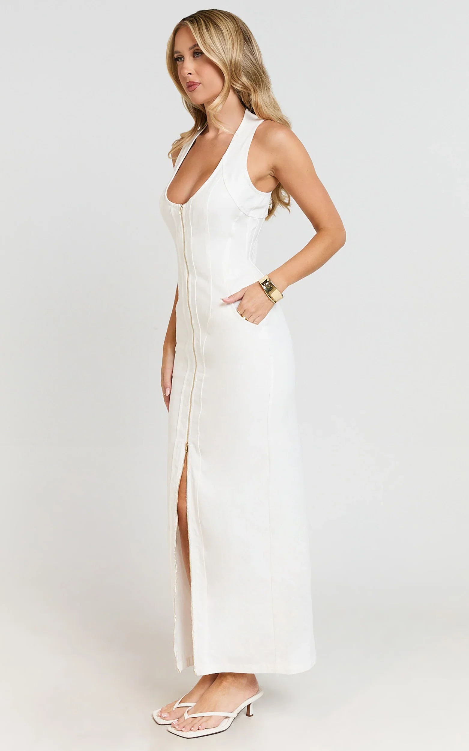 Maisy Midi Dress - Scoop Neck Racer Back Fitted Dress in White
