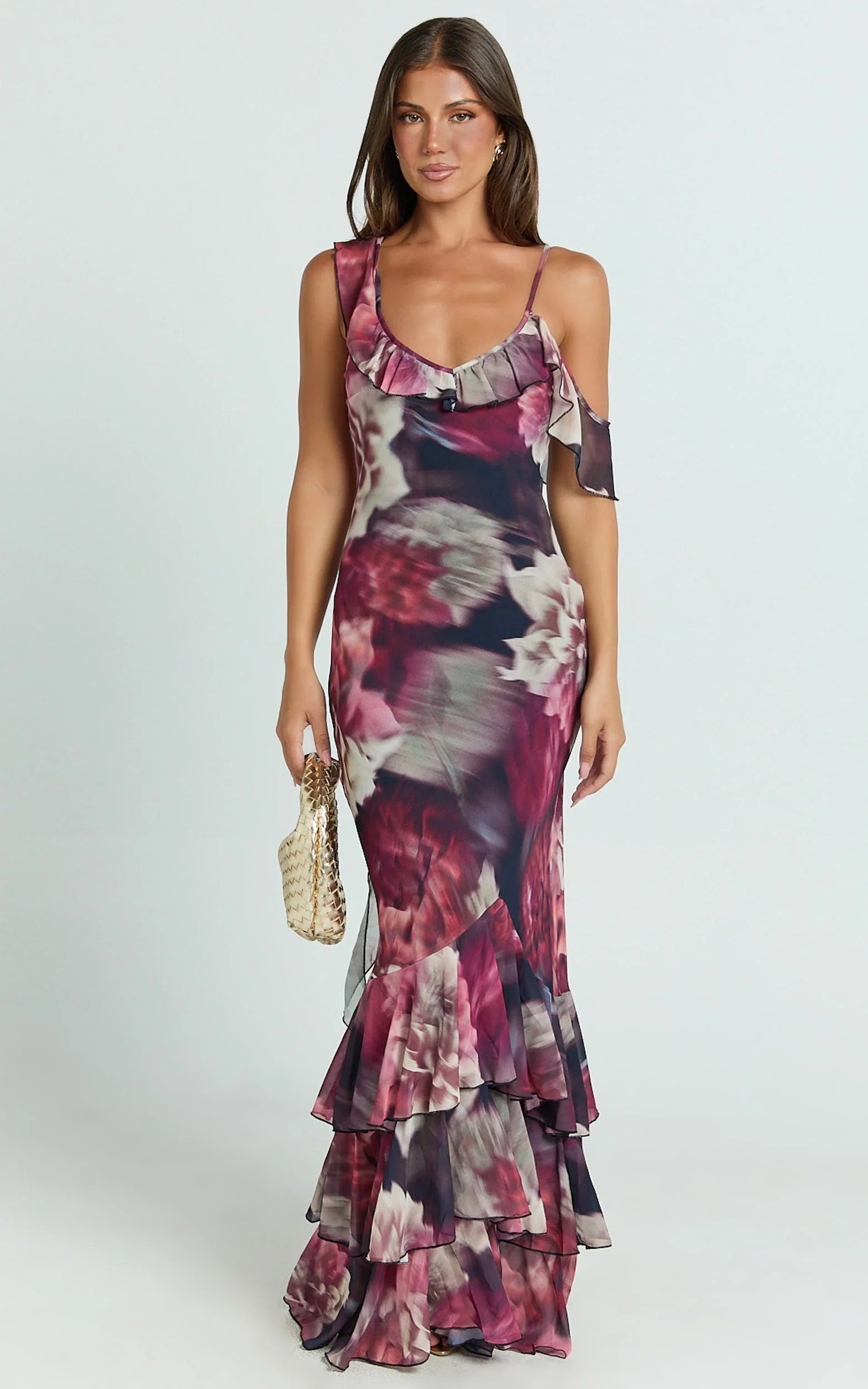 Riley Maxi Dress - Asymmetric Ruffle Detail Maxi Dress in Mariache Rose