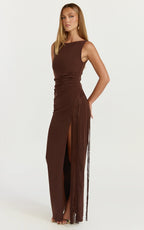 Joanne Maxi Dress - Scoop Neck Fringe Dress in Chocolate