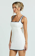Julian Mini Dress - Square Neck Tie Back A Line Mini Dress in Off White
