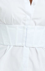 Athena Mini Dress - Collared Button Front Corset Waist Workwear Shirt Dress in White in White