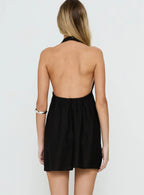 Easy Going Button Detail Halter Linen Mini Dress Black
