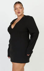 Zyla Mini Dress - Wide Shoulder Sweetheart Neck Fitted Dress in Black