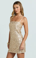 Lily Mini Dress - Sequin Square Neck Shift Dress in Gold
