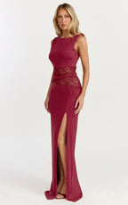 Alberta Maxi Dress - Spliced Sheer Lace Column Dress in Wine