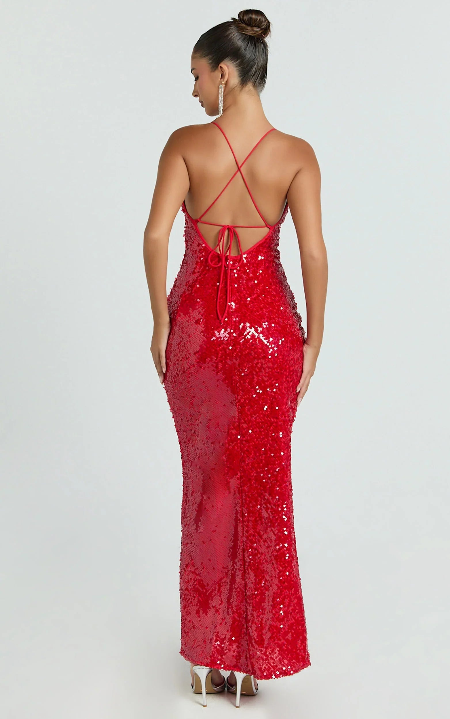 Finn Maxi Dress - Plunge Neck Sheer Sequin Slip Dress in Red