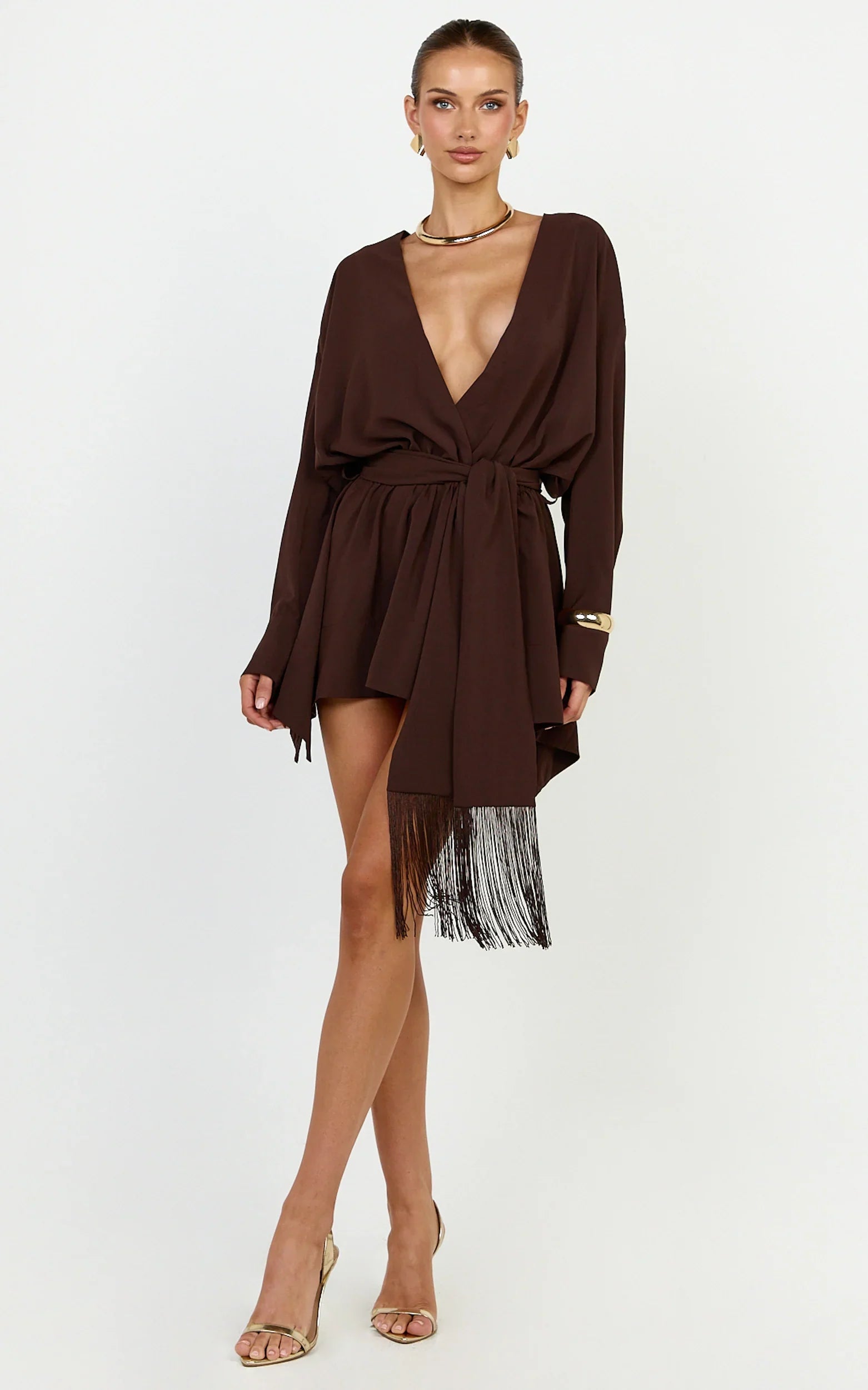 Ariette Mini Dress - Plunge Neck Fringe Detail Belt Dress in Chocolate