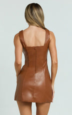 Nami Mini Dress - Faux Leather Square Neck Gold Button Dress in Camel