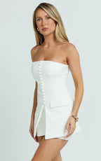 Monroe Two Piece Set - Strapless Button Down Longline Vest Top and High Waisted Mini Skirt in White