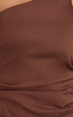 Jett Mini Dress - Scarf Neck Asymmetric Hemline Georgette Dress in Chocolate