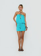 Upper Echelon Draped Strapless Mini Dress Cyan