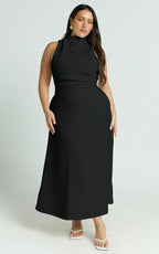 Macy Midi Dress - High Neck A Line Dress in Black