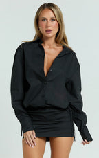 Avalon Mini Dress - Button Up Ruched Shirt Dress in Black