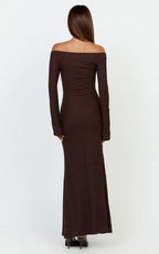 Ayla Maxi Dress - Off Shoulder Flared Sleeve Bodycon Dress in Chocolate