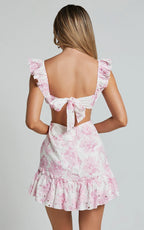 Anisha Mini Dress - Flutter Sleeve Straight Neck With Tie Back Dress in Pink and White Floral Print