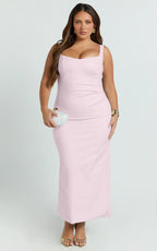 Benita Midi Dress - Scoop Neck Ruched Fitted Dress in Pink