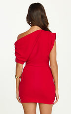 Nalfie Mini Dress - Tipped Shoulder Jersey Drape Dress in Red