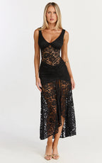 Tatum Midi Dress - Lace Off Shoulder Side Split Dress in Black