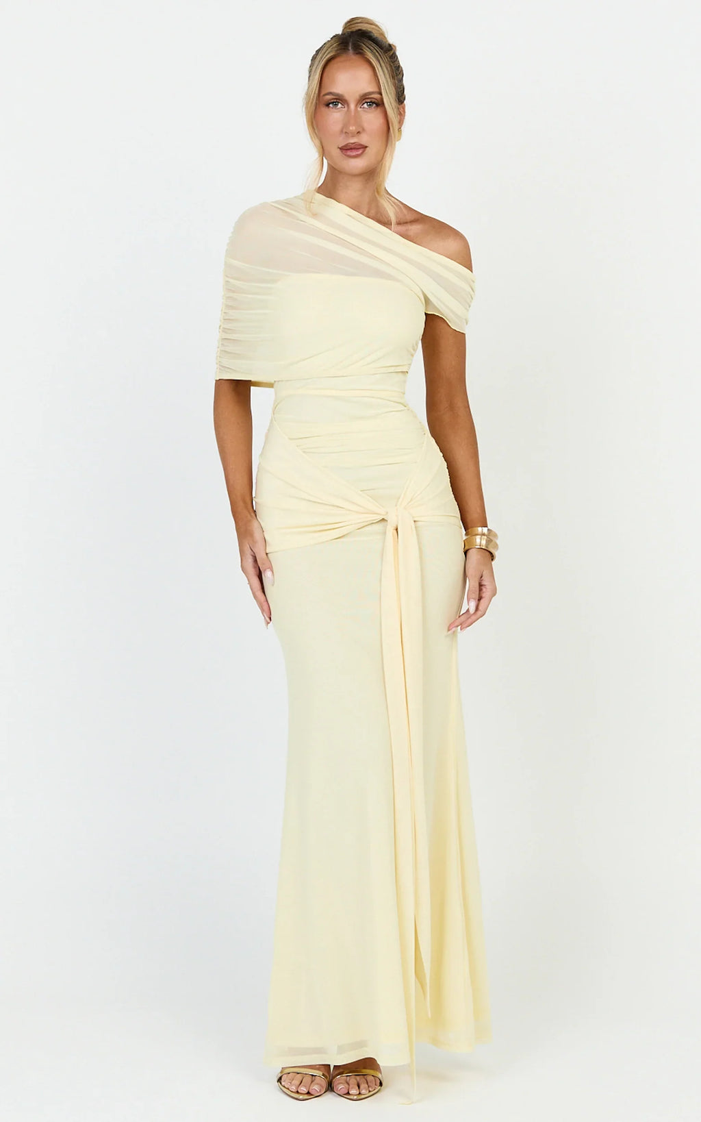 Nicolette Maxi Dress - Cape Sleeve Off Shoulder Dress in Yellow