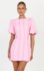 Laila Mini Linen Blend Dress - High Neck Side Cut Out Puff Sleeve Straight Dress in Pink