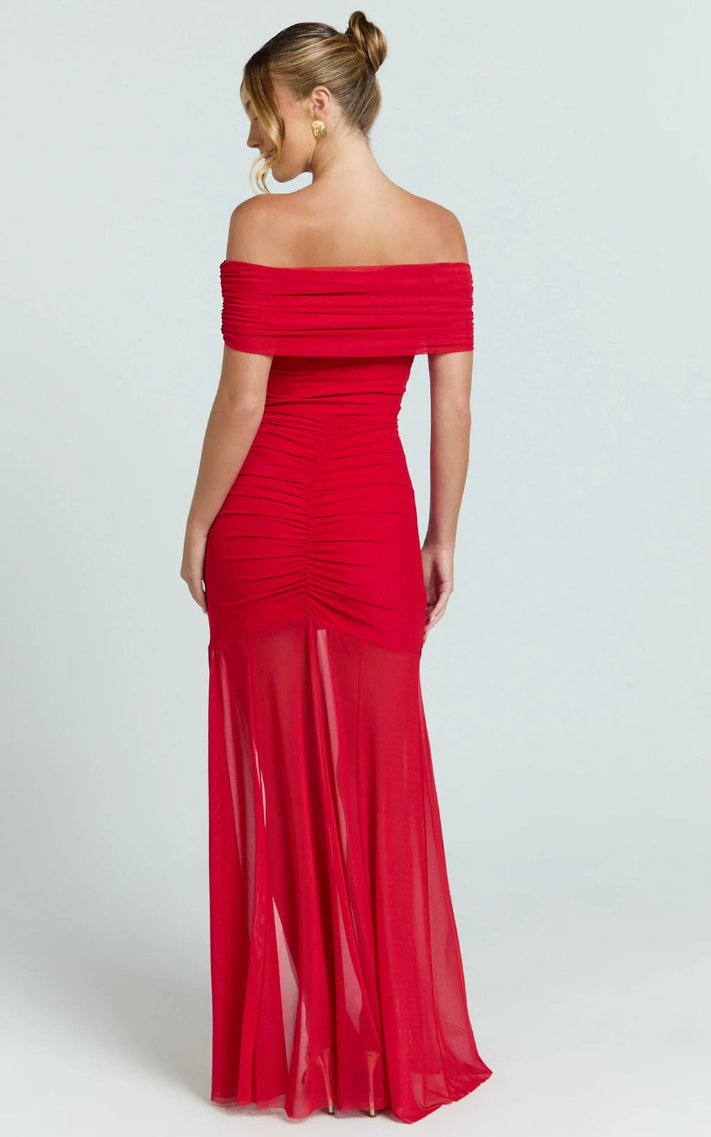 Alanna Maxi Dress - Off Shoulder Ruched Mesh Dress in Red