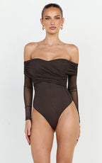 Opal Bodysuit - Long Sleeve Wrapped Off Shoulder Bodysuit in Chocolate
