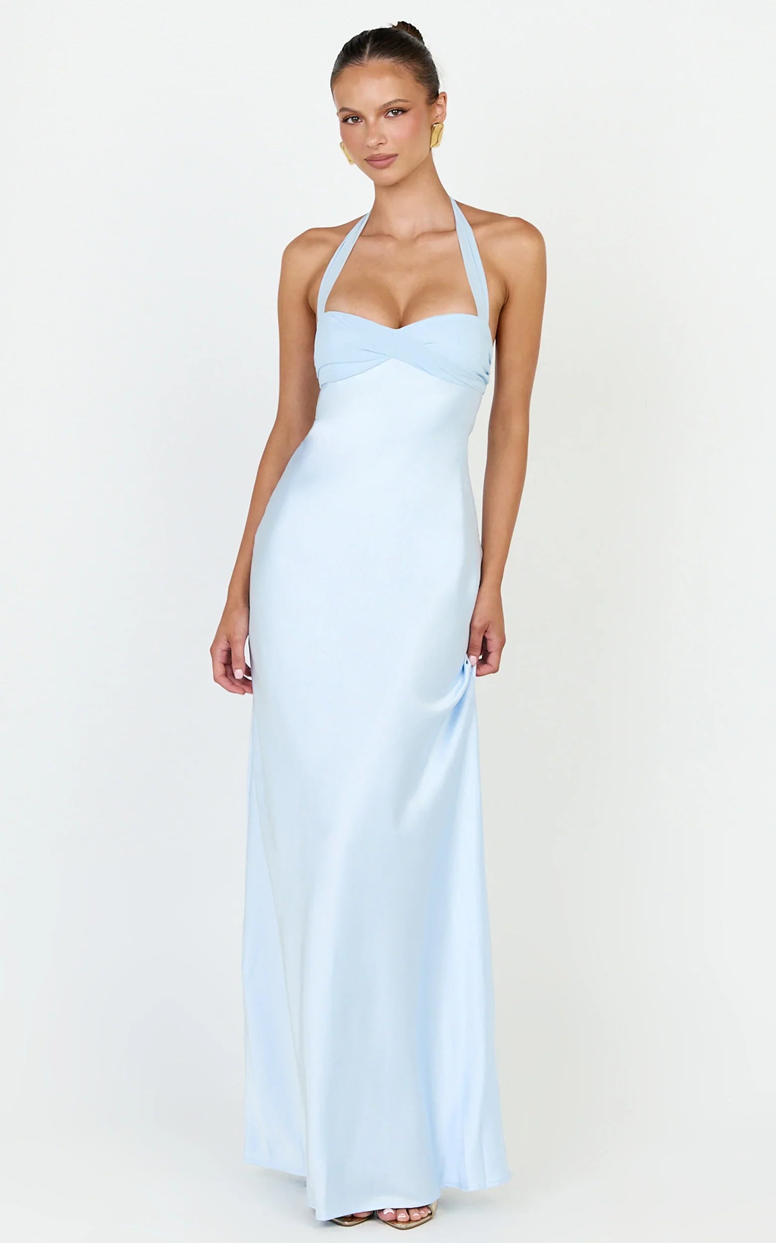 Flynn Maxi Dress - Satin Halter Sweetheart Neck Dress in Blue