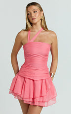 Deanna Mini Dress - Crinkle Halter Neck Asymmetric Tiered Dress in Coral
