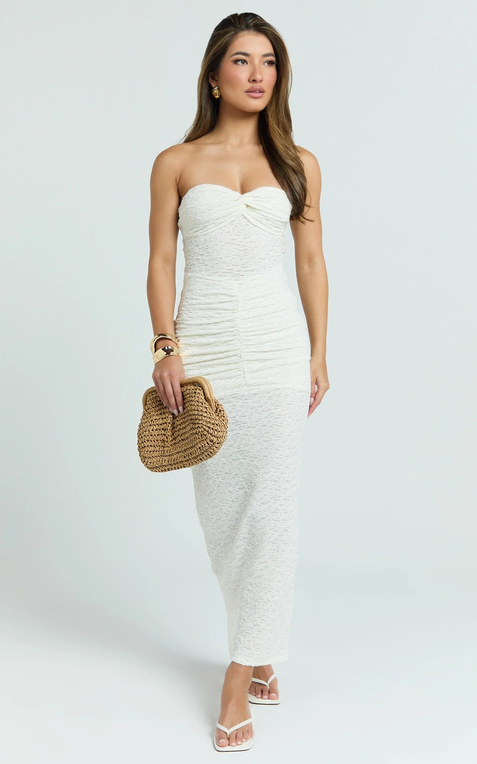 Francine Midi Dress - Strapless Twist Sheer Textured Jersey Dress in Cream