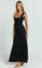Roxanne Midi Dress - Square Neck Fit And Flare Dress in Black