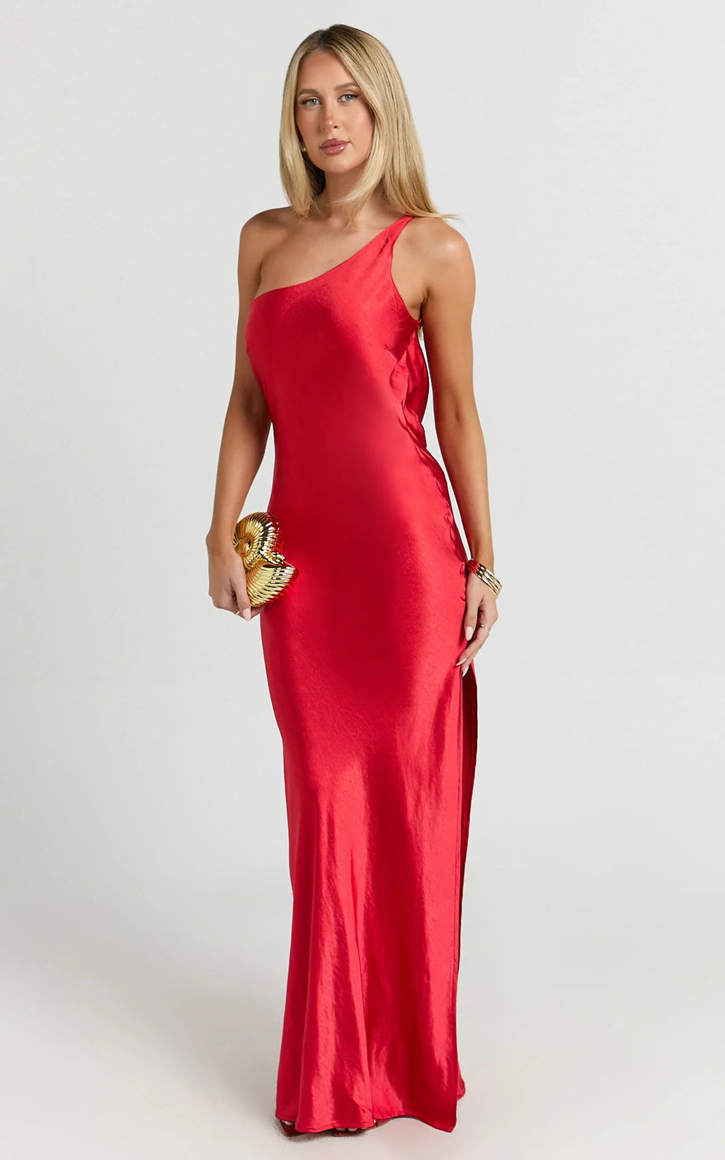 Helga Maxi Dress - Satin One Shoulder Cowl Back Bias Cut Dress in Red
